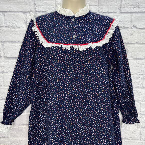 Vintage Texsheen Blue Floral Nightgown Prairie Ruffle Size M Maxi Long Sleeve - Picture 3 of 7